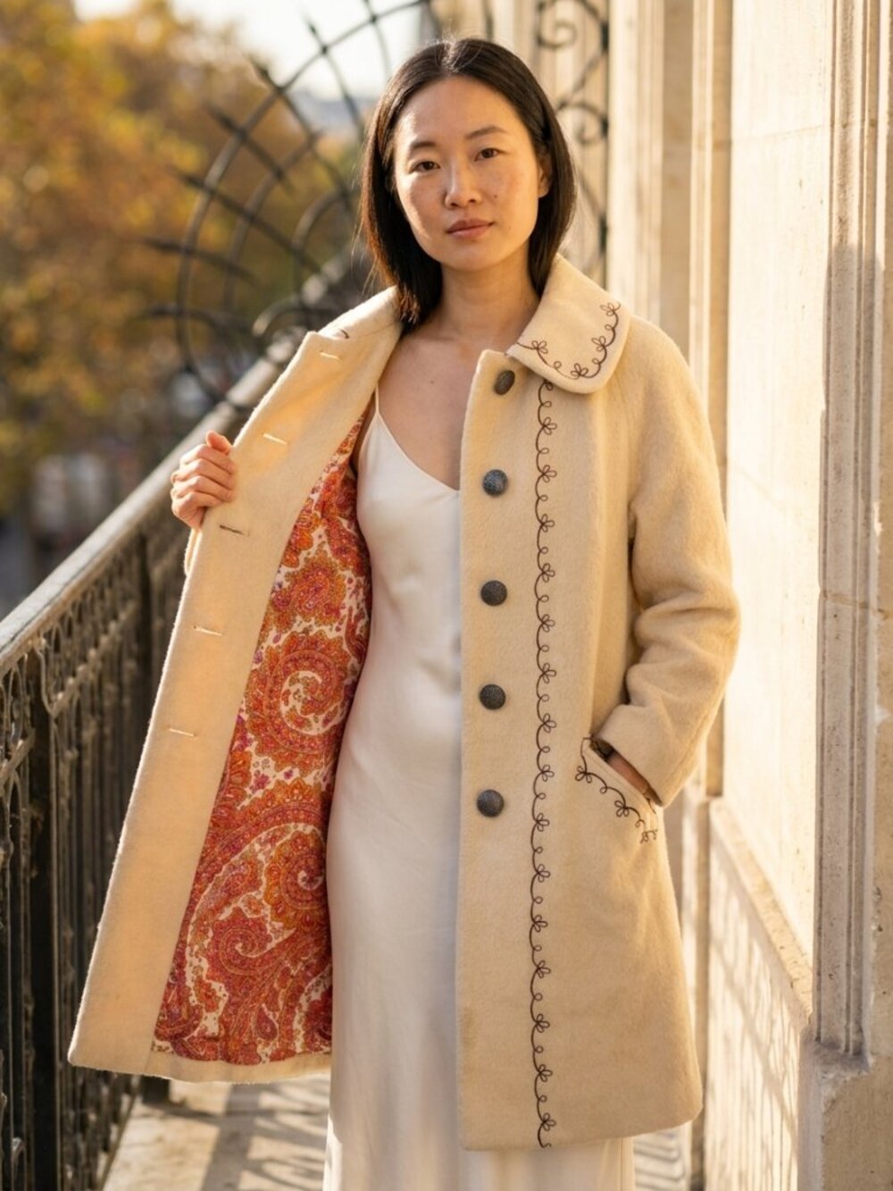 Heller-Sport Vintage Wool Blend Floral Embroidered Coat with Paisley Lining